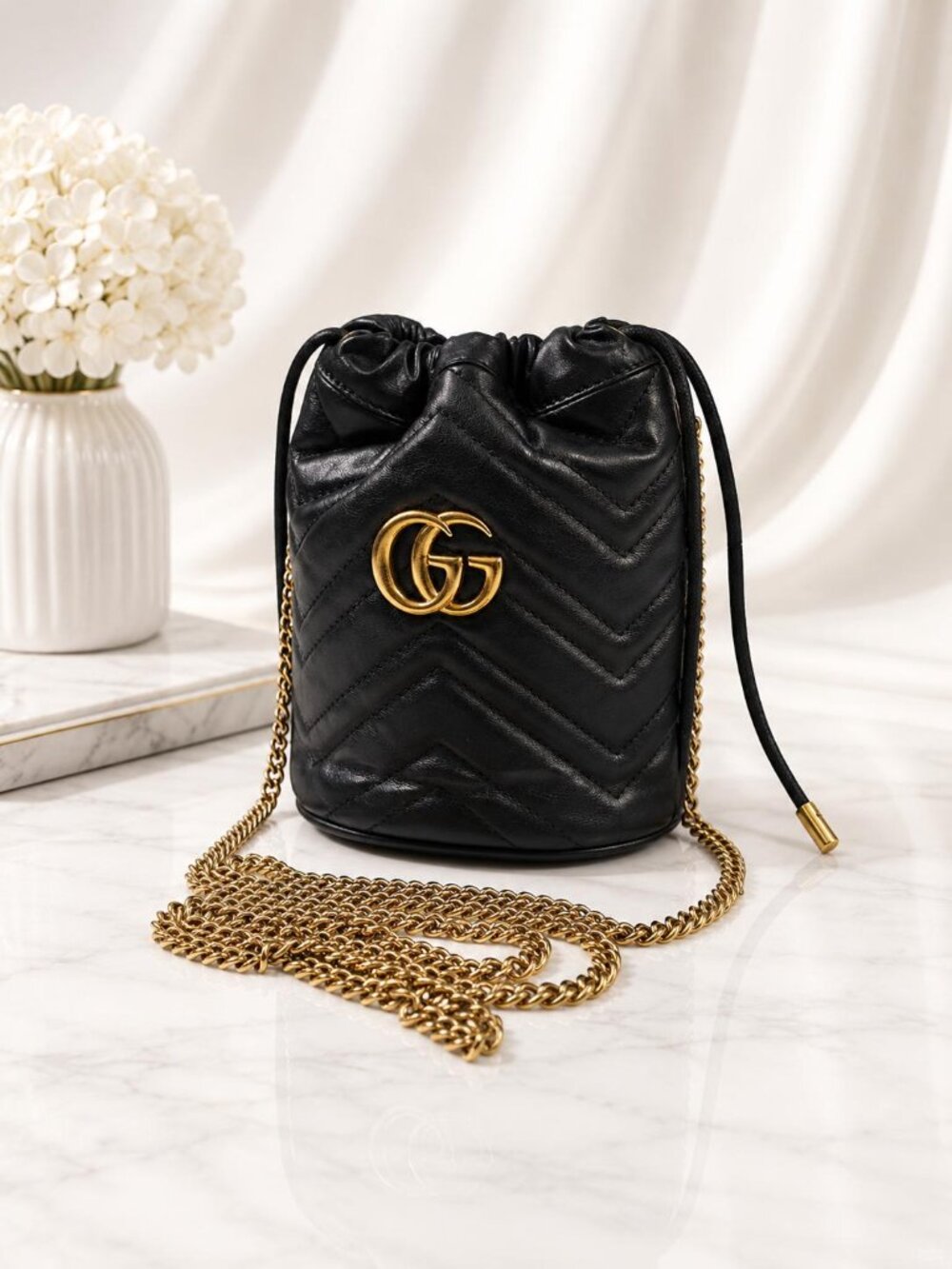 Authentic Gucci GG Marmont Bucket Bag Black Leather